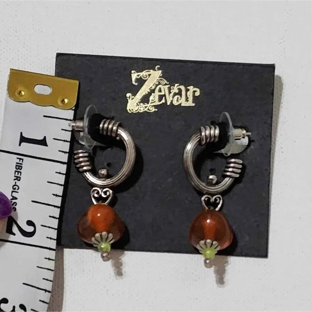 Treska Zevar Artisan Silver Hoop Drop Earrings Amber Glass Bead Heart Detail New